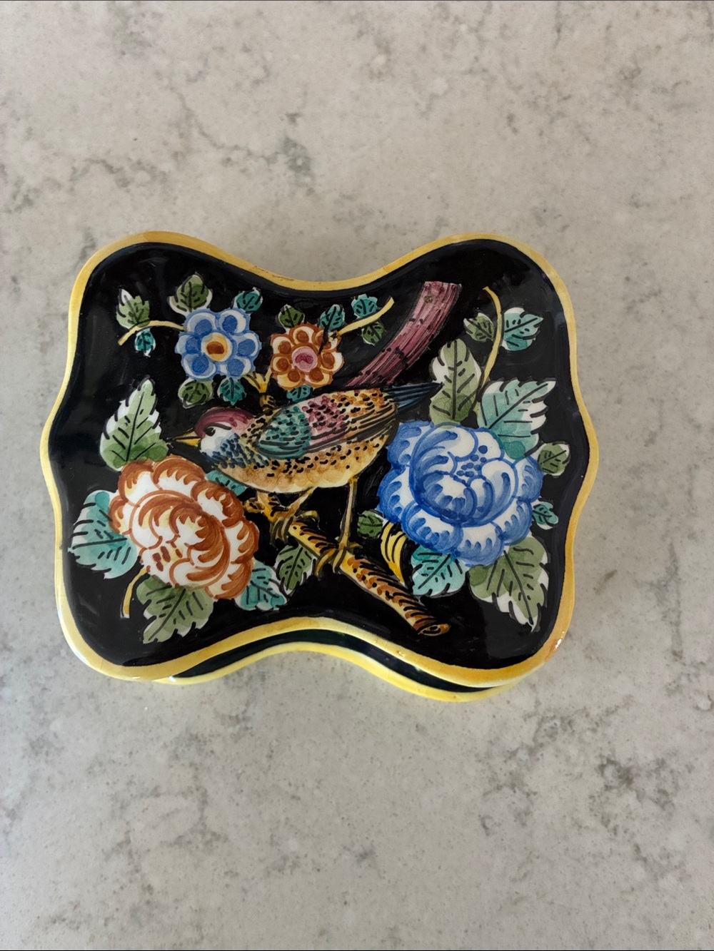 Hand-Painted Bird & Floral Trinket Box - Black Background